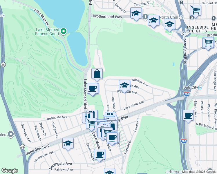 map of restaurants, bars, coffee shops, grocery stores, and more near 181 Westdale Avenue in Daly City
