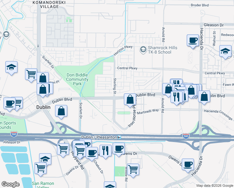 map of restaurants, bars, coffee shops, grocery stores, and more near 5655 Apex Drive in Dublin