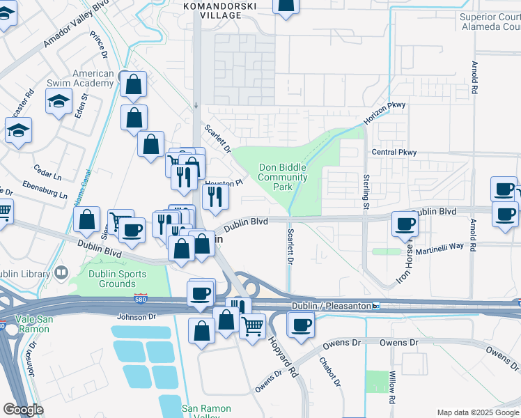 map of restaurants, bars, coffee shops, grocery stores, and more near 6141 Dublin Boulevard in Dublin