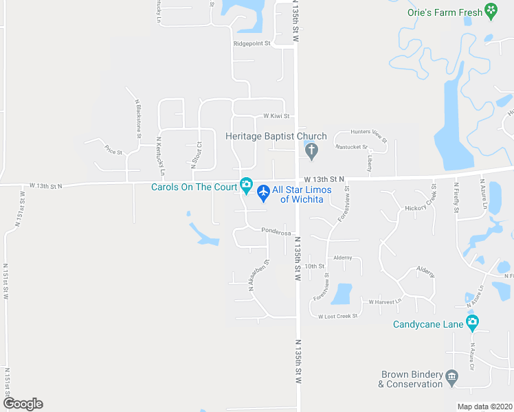map of restaurants, bars, coffee shops, grocery stores, and more near 1346 North Aksarben Court in Wichita