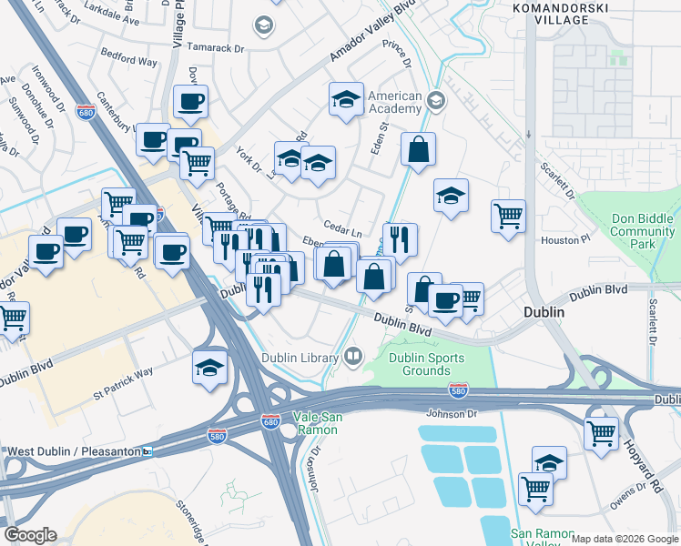 map of restaurants, bars, coffee shops, grocery stores, and more near 6377 Ebensburg Lane in Dublin