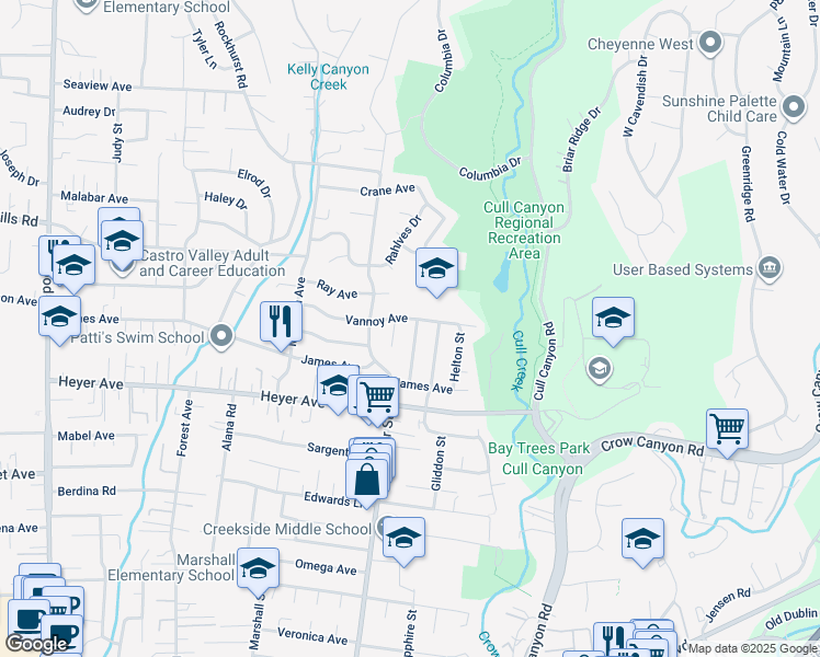 map of restaurants, bars, coffee shops, grocery stores, and more near 19013 Clemans Drive in Castro Valley