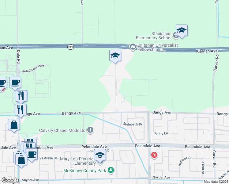 map of restaurants, bars, coffee shops, grocery stores, and more near 4607 Morrow Road in Modesto