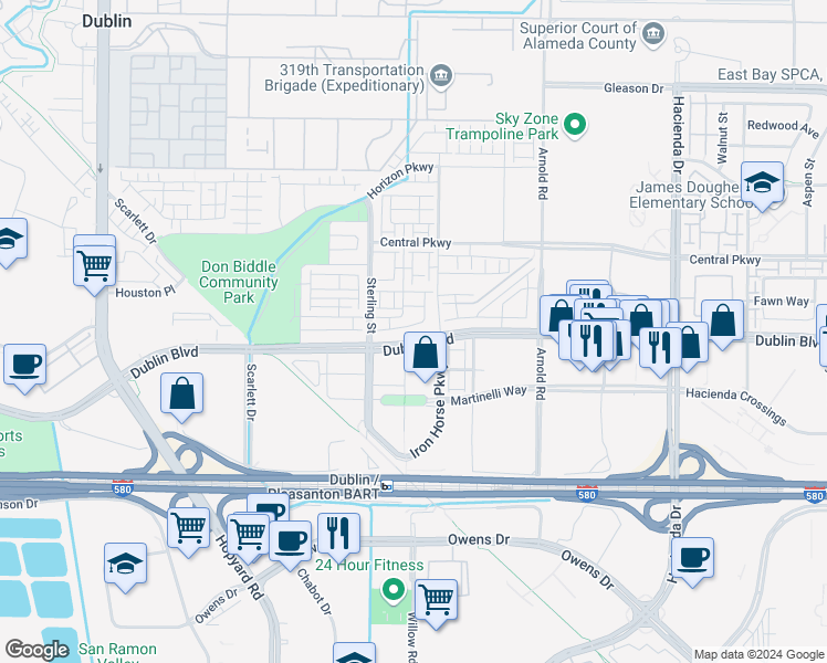map of restaurants, bars, coffee shops, grocery stores, and more near 5523 Apex Drive in Dublin