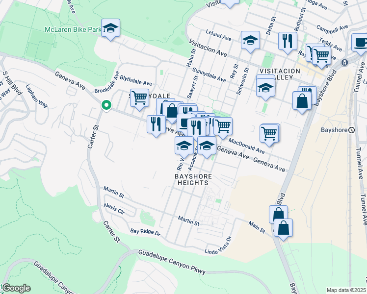 map of restaurants, bars, coffee shops, grocery stores, and more near 2650 Geneva Avenue in Daly City