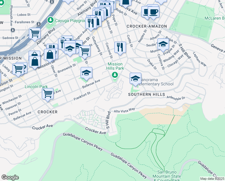 map of restaurants, bars, coffee shops, grocery stores, and more near 17 Frankfort Street in Daly City
