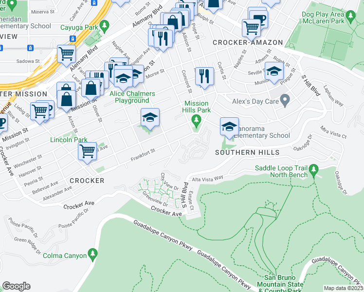 map of restaurants, bars, coffee shops, grocery stores, and more near 17 Frankfort Street in Daly City