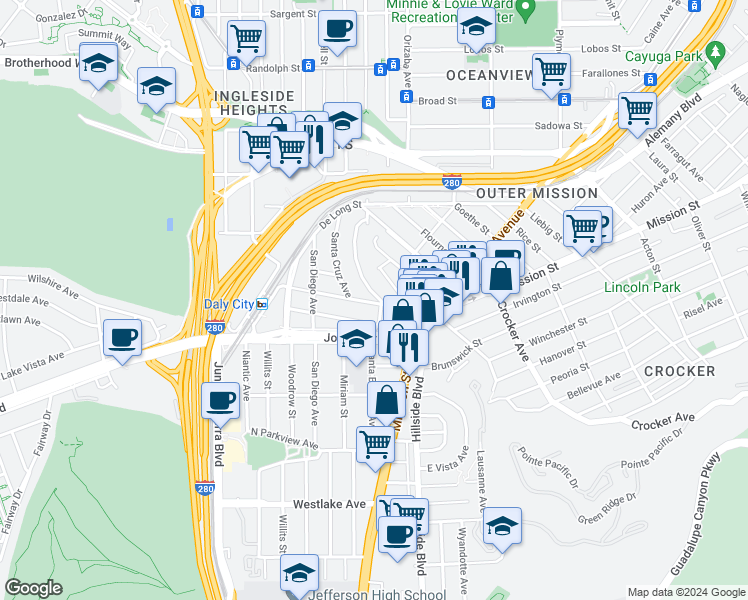 map of restaurants, bars, coffee shops, grocery stores, and more near 175 Santa Barbara Avenue in Daly City