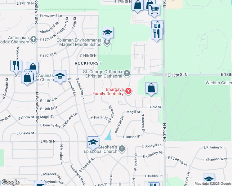 map of restaurants, bars, coffee shops, grocery stores, and more near 1241 North Broadmoor Court in Wichita