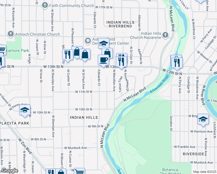 map of restaurants, bars, coffee shops, grocery stores, and more near 1224 Richmond Street in Wichita