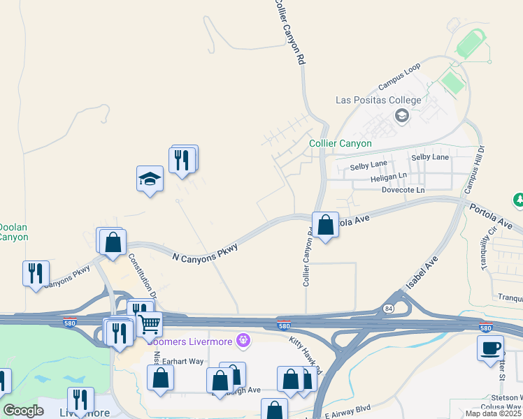 map of restaurants, bars, coffee shops, grocery stores, and more near 3077 Comcast Place in Livermore