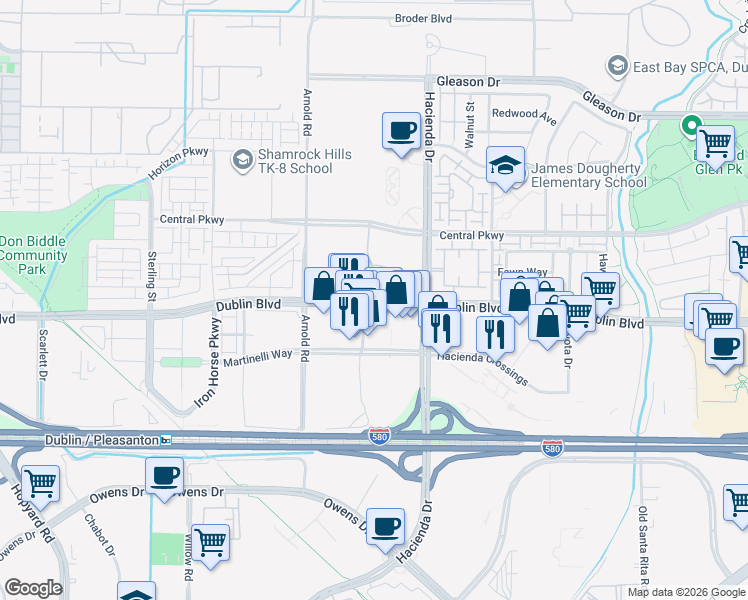 map of restaurants, bars, coffee shops, grocery stores, and more near 3 Sybase Dr in Dublin