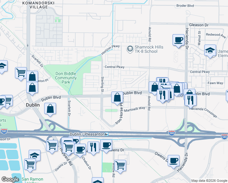 map of restaurants, bars, coffee shops, grocery stores, and more near 5523 Apex Drive in Dublin