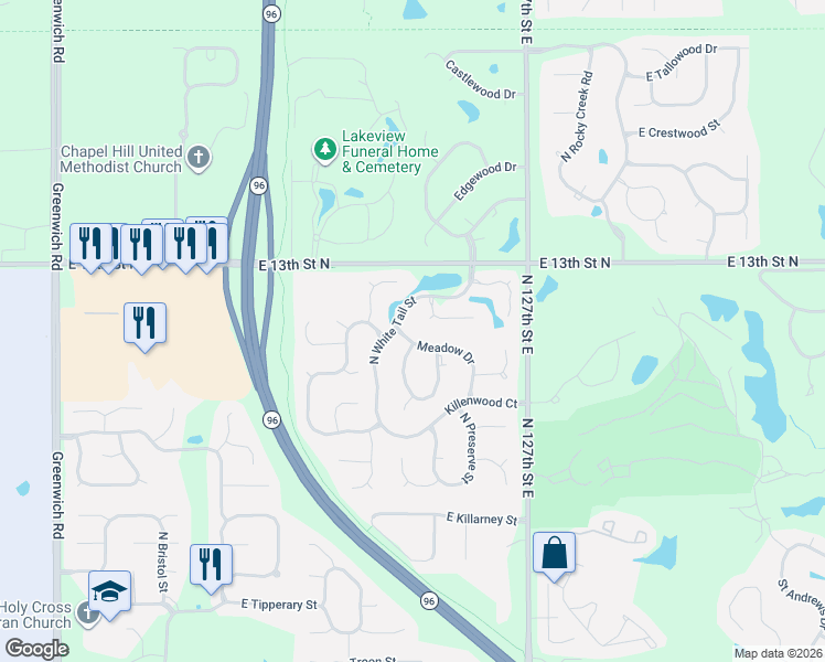 map of restaurants, bars, coffee shops, grocery stores, and more near 1351 North White Tail Court in Wichita