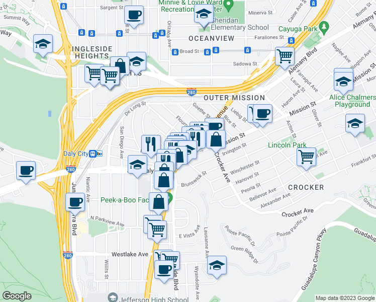 map of restaurants, bars, coffee shops, grocery stores, and more near 5408 San Jose Avenue in Daly City