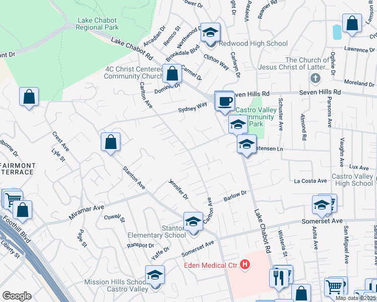 map of restaurants, bars, coffee shops, grocery stores, and more near Carlton Avenue & Keith Avenue in Castro Valley