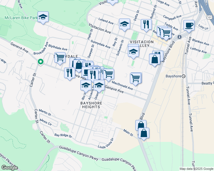 map of restaurants, bars, coffee shops, grocery stores, and more near Geneva Avenue & Schwerin Street in Daly City