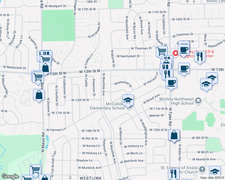 map of restaurants, bars, coffee shops, grocery stores, and more near 9429 W Briarwood Ave in Wichita