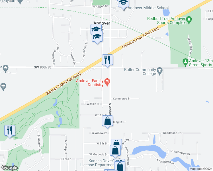 map of restaurants, bars, coffee shops, grocery stores, and more near 1145 North Andover Road in Andover