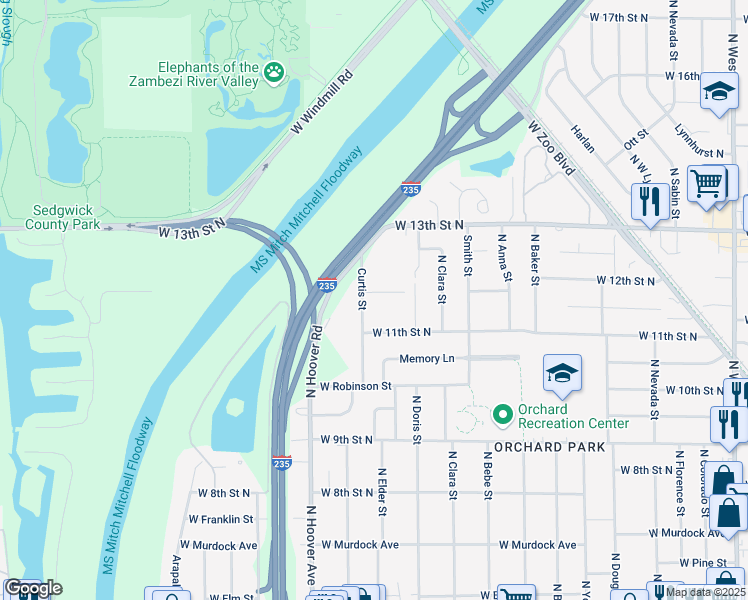map of restaurants, bars, coffee shops, grocery stores, and more near 1350 Curtis Street in Wichita