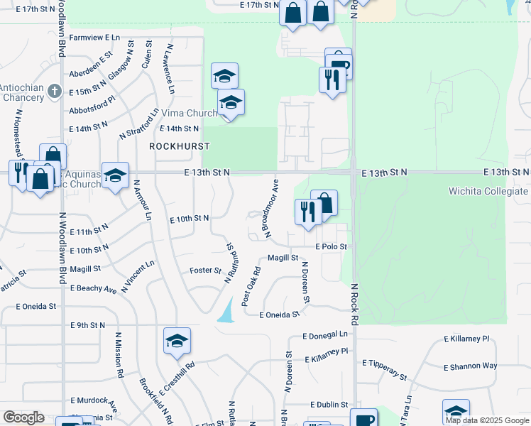 map of restaurants, bars, coffee shops, grocery stores, and more near 1286 North Broadmoor Avenue in Wichita