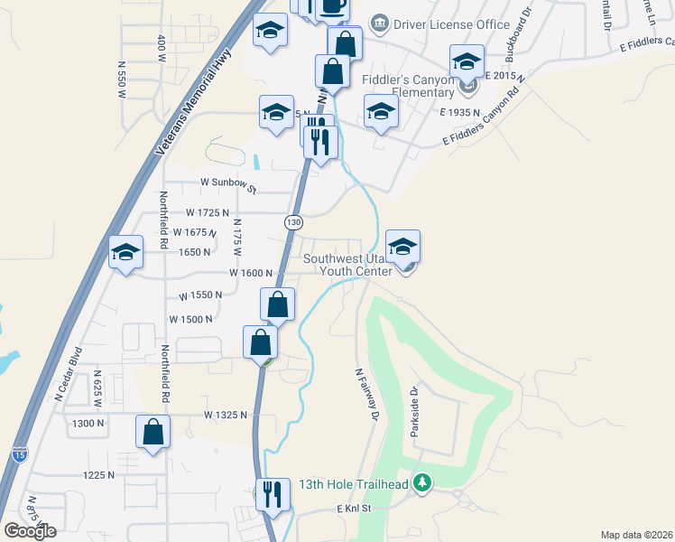 map of restaurants, bars, coffee shops, grocery stores, and more near 1700 North Main Street in Cedar City