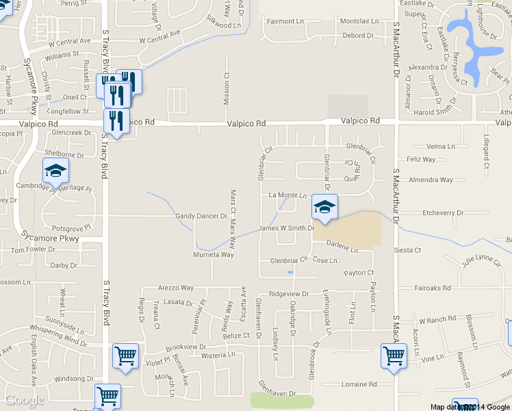 map of restaurants, bars, coffee shops, grocery stores, and more near 370 Glenbriar Circle in Tracy