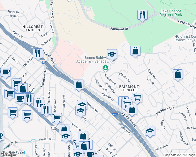 map of restaurants, bars, coffee shops, grocery stores, and more near 2056 Manchester Road in San Leandro
