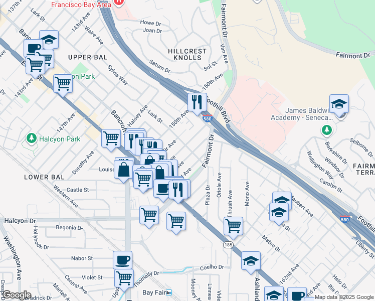map of restaurants, bars, coffee shops, grocery stores, and more near 15047 Lark Street in San Leandro