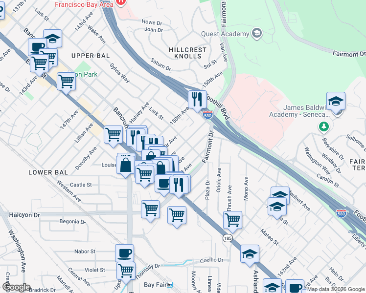 map of restaurants, bars, coffee shops, grocery stores, and more near 15047 Lark Street in San Leandro