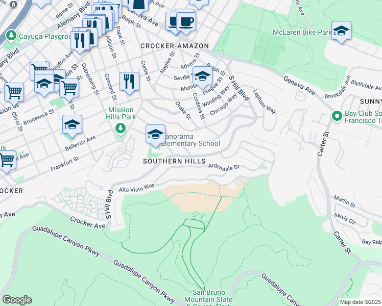 map of restaurants, bars, coffee shops, grocery stores, and more near 212 Polaris Way in Daly City
