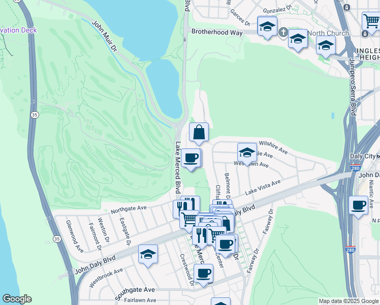 map of restaurants, bars, coffee shops, grocery stores, and more near 52 Westpark Drive in Daly City