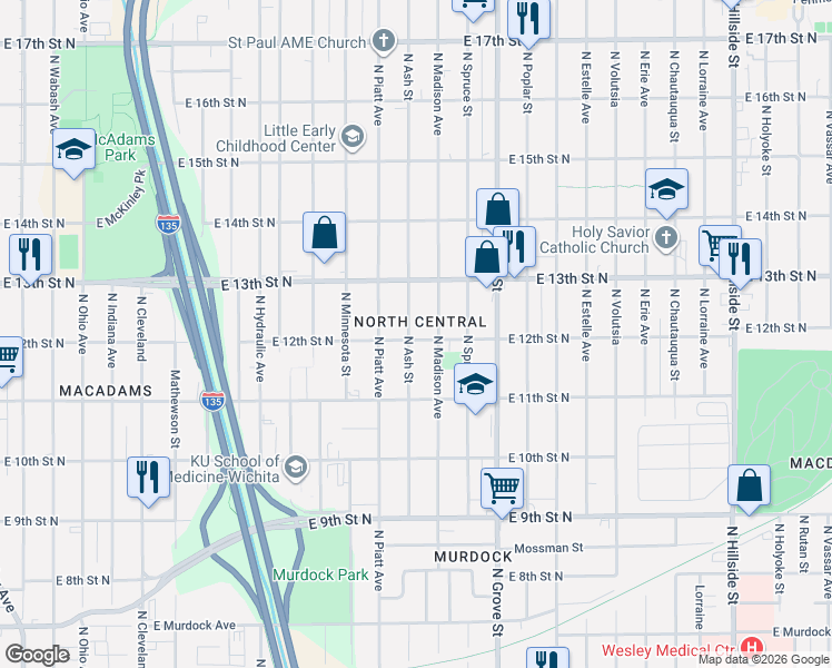 map of restaurants, bars, coffee shops, grocery stores, and more near in Wichita