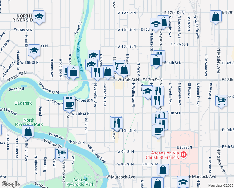 map of restaurants, bars, coffee shops, grocery stores, and more near 1315 North Fairview Avenue in Wichita