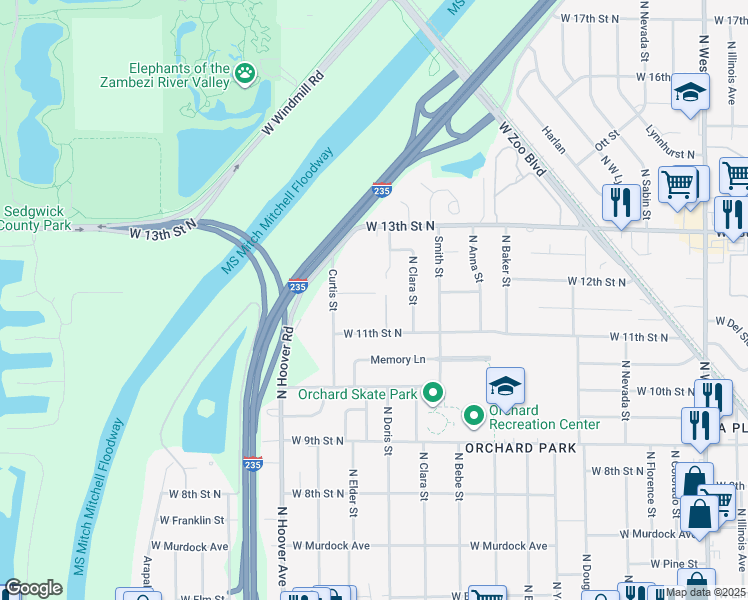 map of restaurants, bars, coffee shops, grocery stores, and more near 1312 Curtis Street in Wichita