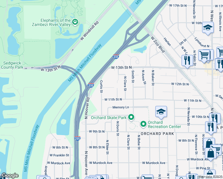 map of restaurants, bars, coffee shops, grocery stores, and more near 1312 Curtis Street in Wichita