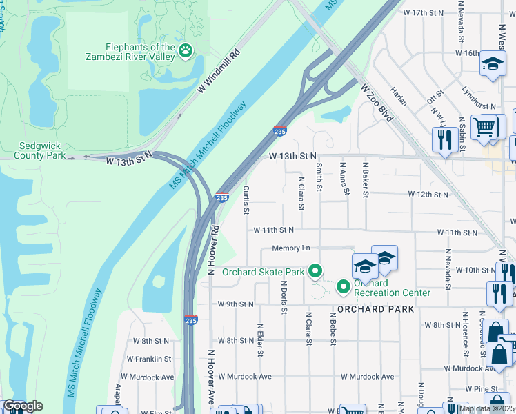 map of restaurants, bars, coffee shops, grocery stores, and more near 1350 Curtis Street in Wichita