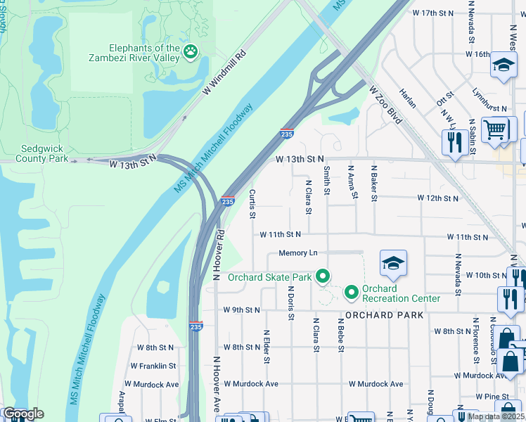 map of restaurants, bars, coffee shops, grocery stores, and more near 1350 Curtis Street in Wichita