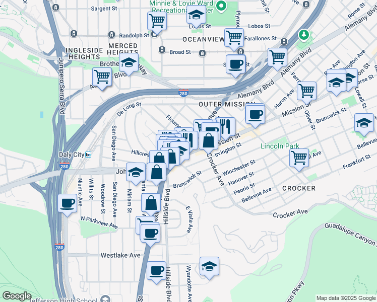 map of restaurants, bars, coffee shops, grocery stores, and more near 6212 Mission Street in Daly City