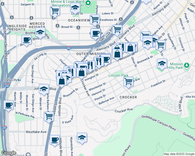 map of restaurants, bars, coffee shops, grocery stores, and more near 151 Evergreen Avenue in Daly City