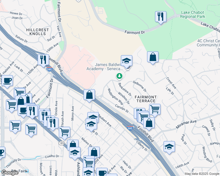 map of restaurants, bars, coffee shops, grocery stores, and more near 15922 Wellington Way in San Leandro