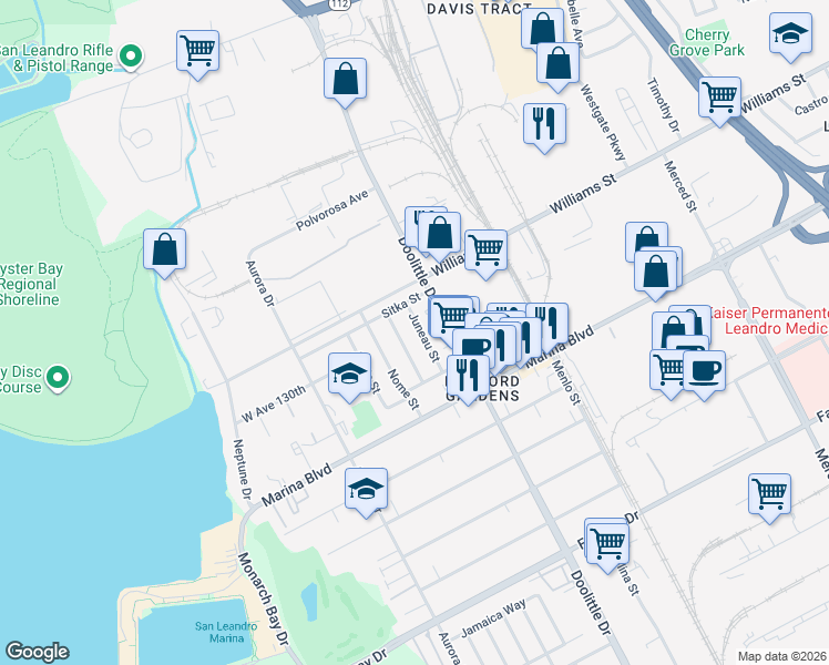map of restaurants, bars, coffee shops, grocery stores, and more near 1993 Juneau Street in San Leandro