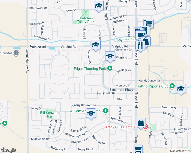map of restaurants, bars, coffee shops, grocery stores, and more near 1313 Ray Harvey Drive in Tracy