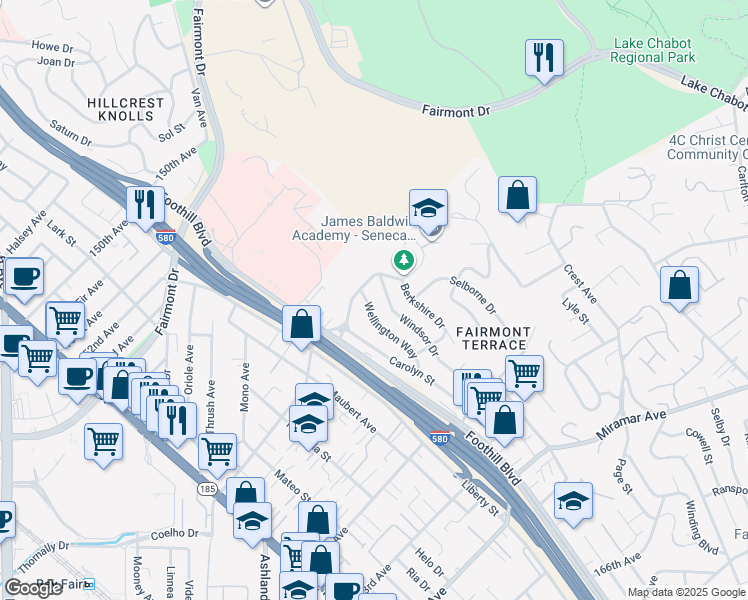 map of restaurants, bars, coffee shops, grocery stores, and more near 15922 Wellington Way in San Leandro