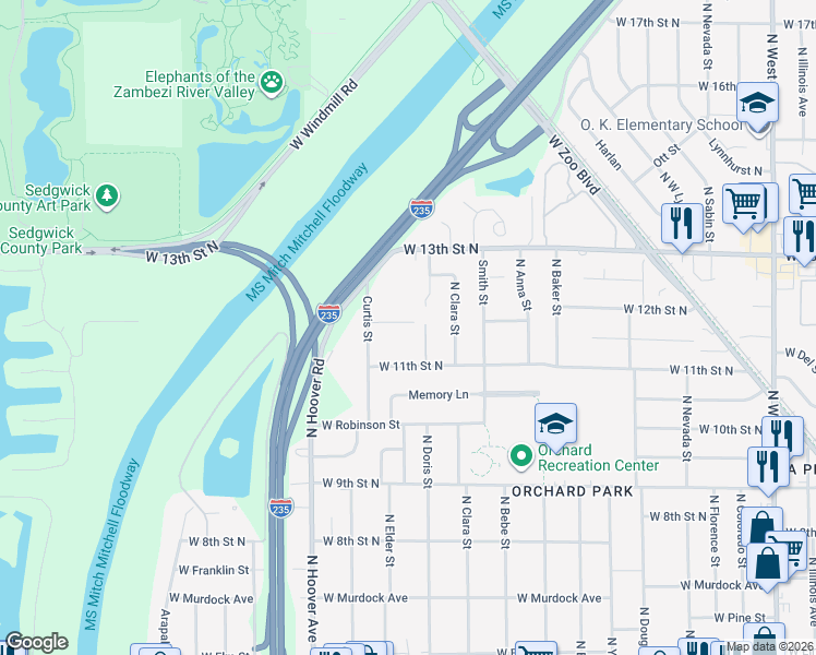map of restaurants, bars, coffee shops, grocery stores, and more near 1312 Curtis Street in Wichita