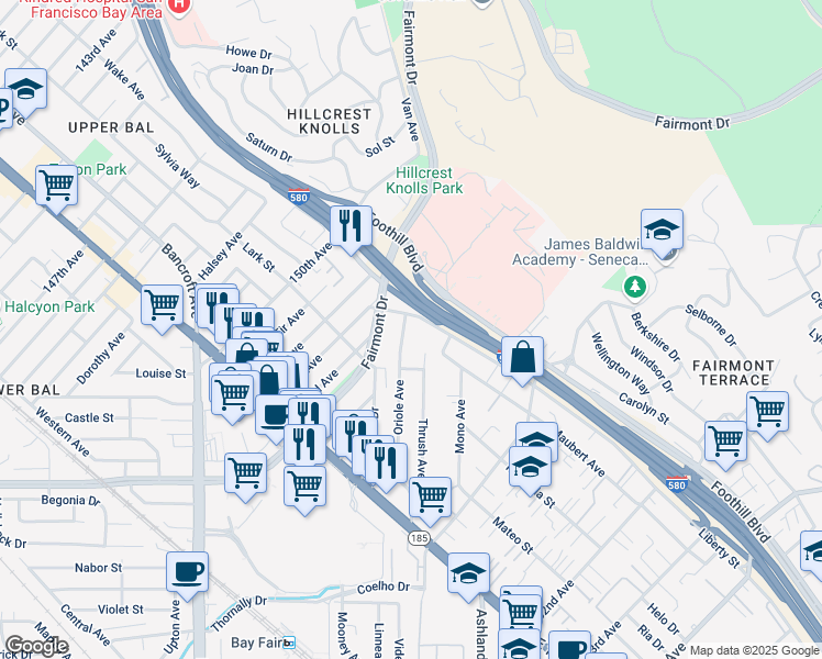 map of restaurants, bars, coffee shops, grocery stores, and more near 1780 Oriole Avenue in San Leandro