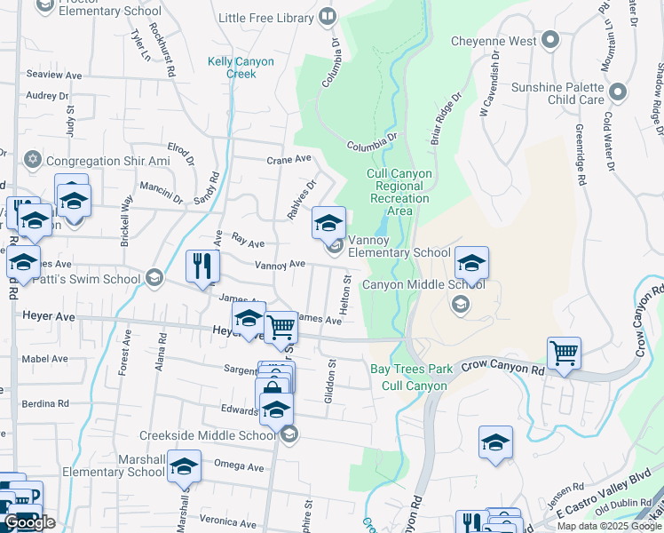 map of restaurants, bars, coffee shops, grocery stores, and more near 5100 Vannoy Avenue in Castro Valley