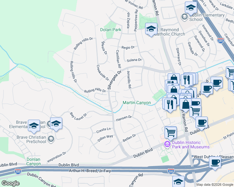 map of restaurants, bars, coffee shops, grocery stores, and more near 11652 Rolling Hills Place in Dublin