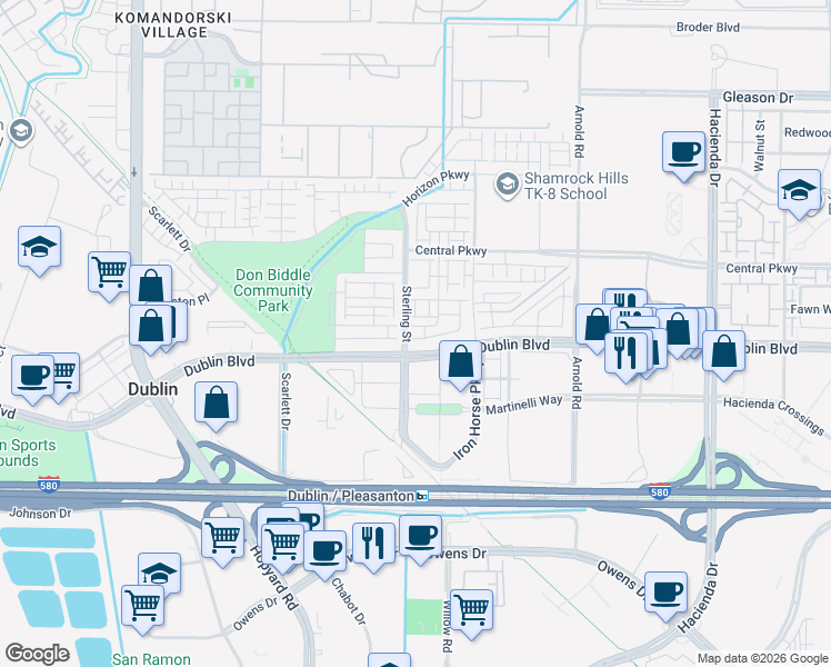 map of restaurants, bars, coffee shops, grocery stores, and more near 5703 El Dorado Lane in Dublin