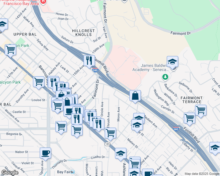map of restaurants, bars, coffee shops, grocery stores, and more near 1780 Oriole Avenue in San Leandro